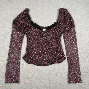 Maeve Top Womens M Black Mutton‎ Sleeve Scoop Neck Ditsy Floral Sheer Whimsygoth